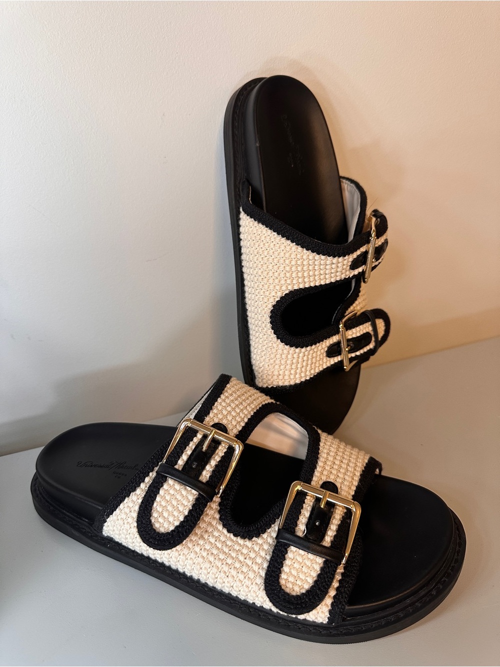 Universal Thread Black and Cream Double-Buckle Knit Slide Sandals